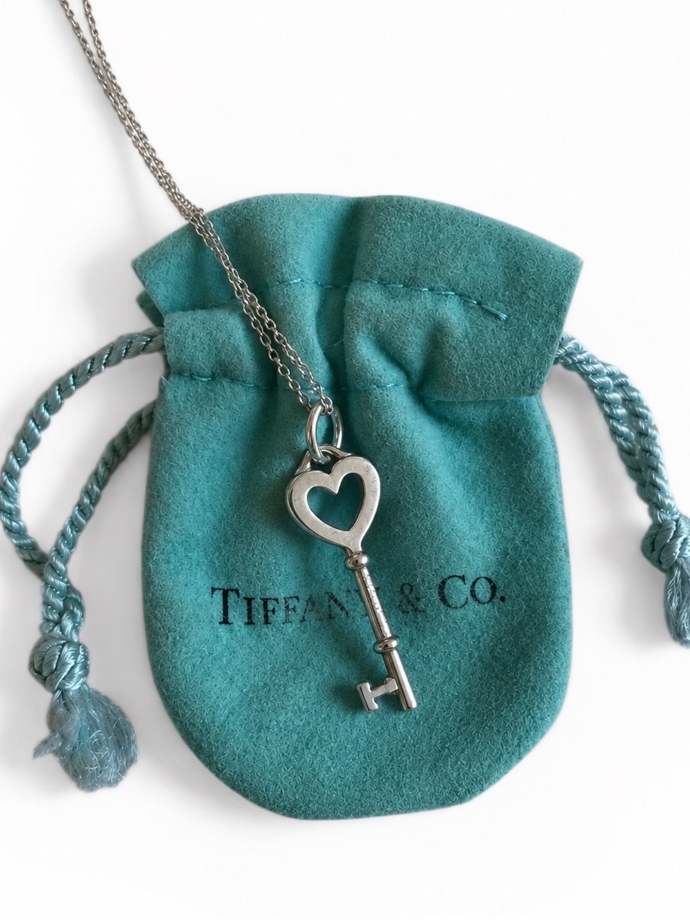Tiffany & Co. 925 Sterling Silver Vintage Open Heart Key Necklace and Pouch